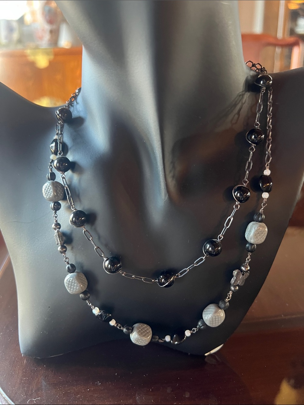 2 Vintage necklace 925 Elegant Black and Gray Beaded Layered Necklace